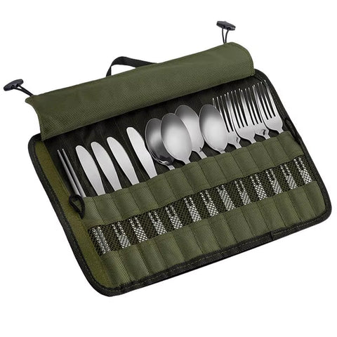 Outdoor Camping Cutlery Storage Bag Portable Roll up Pouch Bag Cutlery Storage Water Resistant Case for Forks Spoons Chopstick